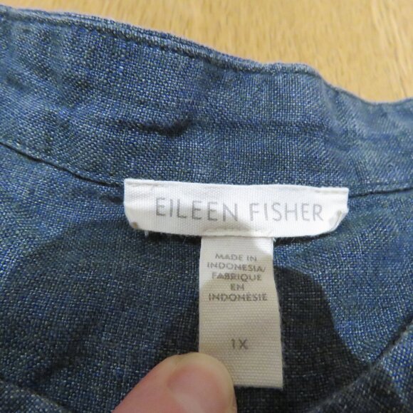 EILEEN FISHER Washed Organic Linen Délavé Band Collar Shirt in Indigo Lagenlook - Picture 14 of 15